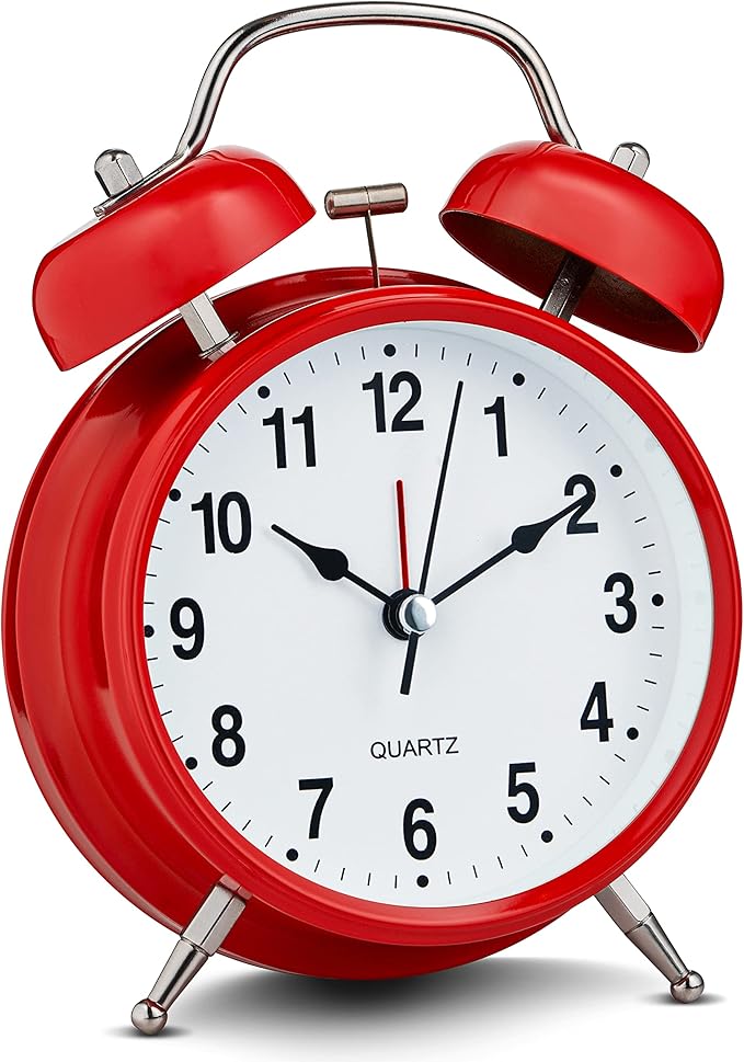 Bernhard Products Analog Alarm Clock 4" Twin Bell Vintage Red Silent Non-Ticking Quartz Battery Operated Extra Loud with Backlight for Bedside Table Desk, Retro Clocks Old Fashioned for Heavy Sleepers