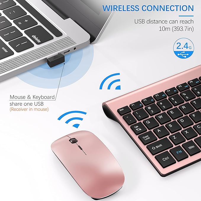 Wireless Keyboard and Mouse Ultra Slim Combo, TopMate 2.4G Silent Compact USB 2400DPI Mouse and Scissor Switch Keyboard Set with Cover, Batteries Included, for PC/Laptop/Windows/Mac - Rose Gold Black