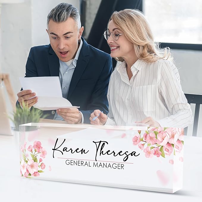 Custom Office Name Plate, Personalized Gifts for Women & Men, Appreciation Gifts for Employees, Office Desk Accessory (Pink Flower)