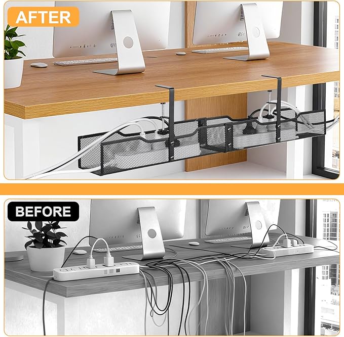 30'' Under Desk Cable Management - No Drill Installation Cable Management Tray, Modern Cord Organizer for Office/Home Desk, Fits Power Strips & Wires(Black, XXL)
