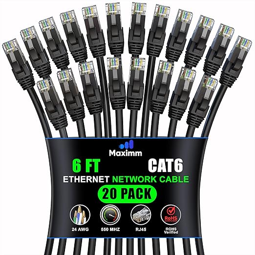 Maximm Cat 6 Ethernet Cable 6 ft (20-Pack) - High-Speed LAN Cable, Internet Cable, Patch Cable, and Network Cable - UTP, 10Gbps, 550MHz Ethernet Cord - Black
