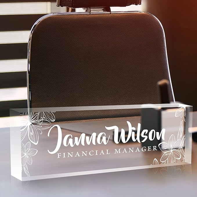 Personalized Desk Name Plate, Custom Acrylic Glass Name Plates for Desks, Office Desk Decor Nameplate, Desk Accessories, Teacher Boss Coworkers Employee Appreciation Gift (Engraved Flower 2)