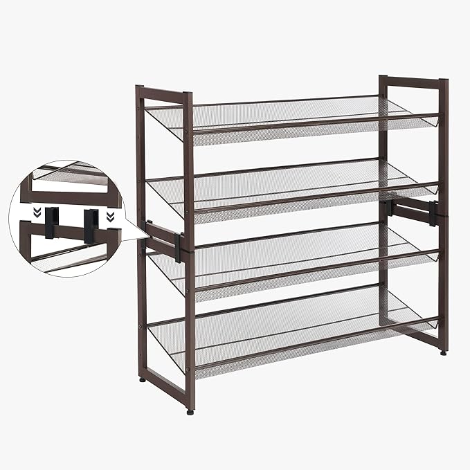 SONGMICS Shoe Rack, 2-Tier Shoe Organizer, Metal Shoe Storage for Garage, Stackable Shoe Shelf, with Adjustable Flat or Angled Shelves, 8-10 Pairs, Bronze ULMR02A