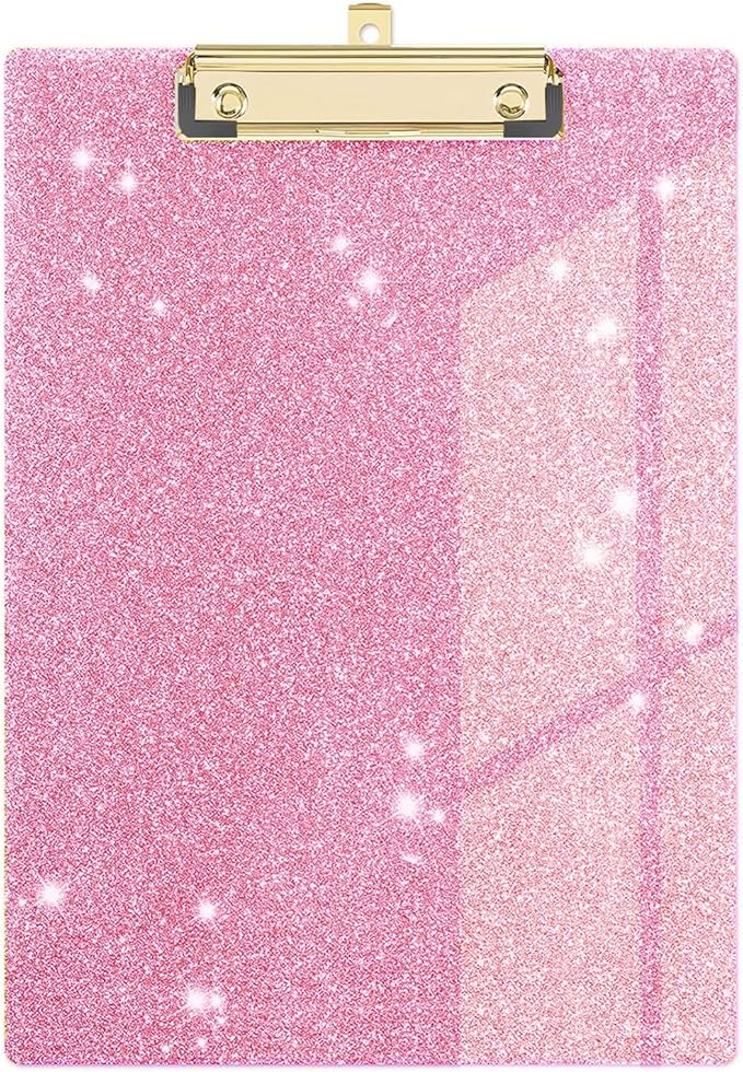 Glitter Acrylic Clipboard Decorative Standard A4 Letter Size 12.2" x 8.7", Fashion Bling Clip Boards with Designed Low Profile Gold Clip for Classroom Office - Warm Pink