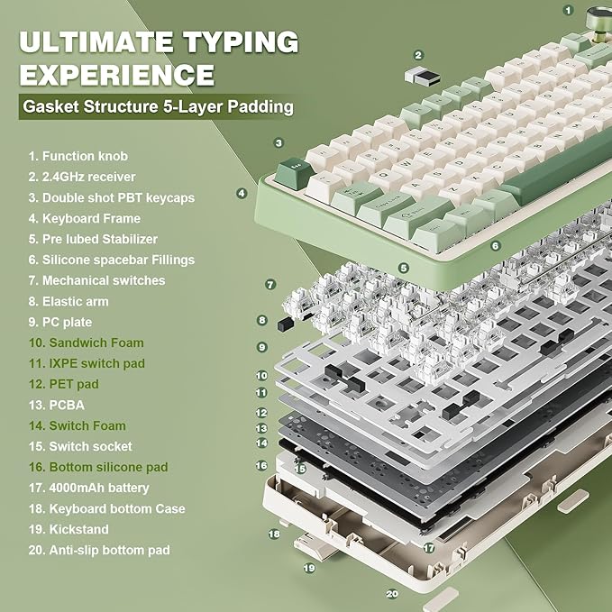 YUNZII B75 PRO Wireless Mechanical Keyboard,75% Layout with Knob,Hot Swap Gasket Structure,Creamy Pre-lubed Switches,RGB Backlit,Bluetooth/Type-C/2.4G for Win/Mac (Matcha Green, Milk Switch)