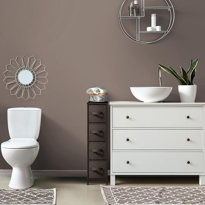 Sorbus Narrow Dresser with 4 Drawers - Vertical Slim Storage Chest of Drawers with Steel Frame, Wood Top & Easy Pull Fabric Bins for Small Spaces, Closets, Bedroom, Bathroom & Laundry (Brown)