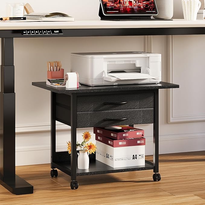 Large Printer Stand with Storage Fabric Drawer Under Desk Printer Table with Wheels for Home Office, Printer Cart fit Fax Machine Scanner 23.4"x15.7" (Black, 2 Tiers)