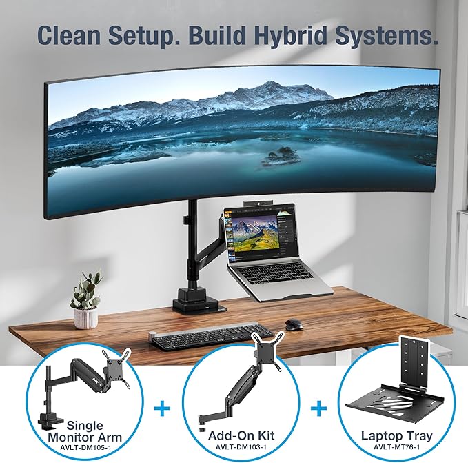 AVLT 57 Inch Heavy Duty Pole Top Mount Monitor Arm Series – Dual & Single Add-On Kits, Height Adjustable, VESA Compatible (Black, Add-On Monitor Arm)