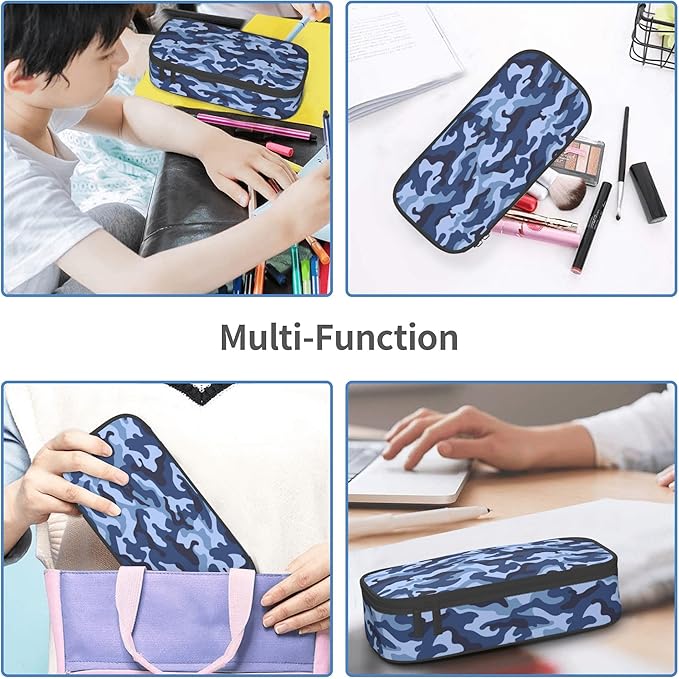Kids Adults Camo Style Pencil Case Blue Pencil Box for Boys Men Girls Women, Portable Canvas Storage Pouch Marker Pen Organization Bag, Desk Office Organizer Travel Bag