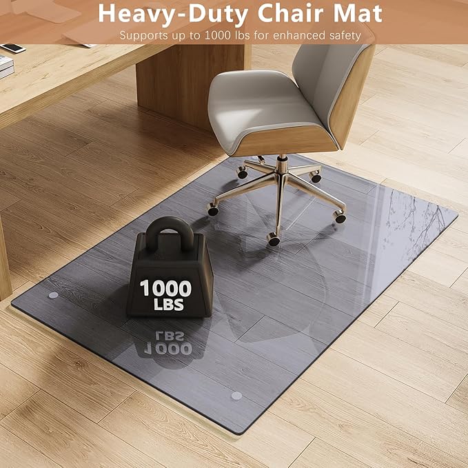 Tempered Glass Gray Chair Mat for Carpet & Hard Floor, 36"x55" Office Chair Mat - Heavy Duty & Scratch Resistant, Non-Slip Pads, Rounded Corners & Polished Edges