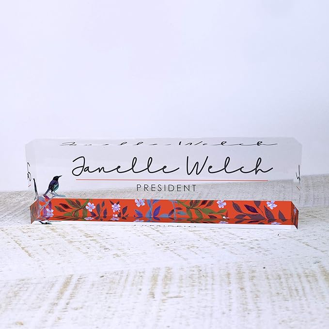 Artblox Office Desk Name Plate Personalized | Custom Name Plates for Desks | Bird Singing Design On Clear Acrylic Glass | Cute Office Desk Accessories Customized Gifts - (8" x 2.5")