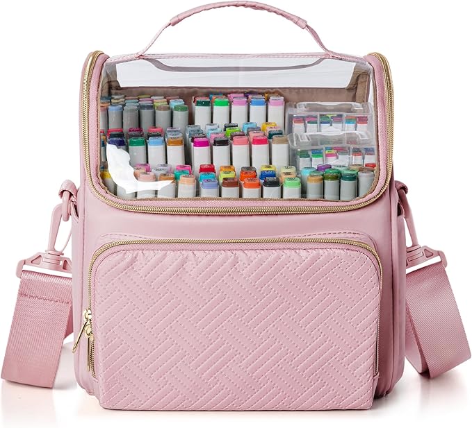 Large Marker Organizer Case for 180 Markers, Marker Storage Bag with Dividers and 4 Pockets for Paint Markers, Paint Brushes, Colored Pencils or Other Art Supplies, Pink (Patented Design)