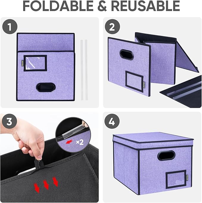 BALEINE File Organizer Box with Lid, Collapsible File Folder Organizer with Plastic Slide, Hanging File Folder Box for Office Document Storage (Tab Friendly, 1 Pack, Purple)