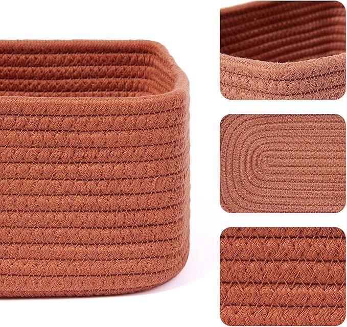 Small Storage Baskets for Organizing | Closet Organizer Bins | Shelf Toy Basket | Woven Rope Baskets | Cube Decorative Box | Shallow Basket | 11.5x7.5x4.7” | 3 Packs Oxide Red