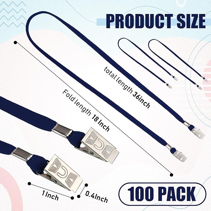 Patelai 100 Pack Double Clip Lanyards Bulk Face Mask Lanyard Twist Free 2 Hook Design Adjustable Badge Neck Strap for ID Name Badge Holder School Conference Office Class Essential (Navy Blue)