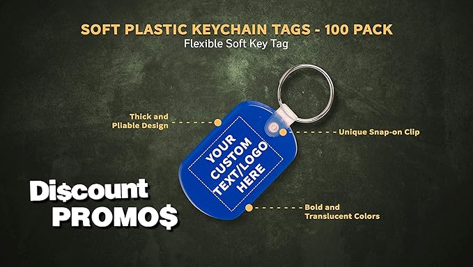 DISCOUNT PROMOS Tag Soft Plastic Keychains - 100 pack - Customizable Text, Logo - Small Key Tag Chain For Staying Organized - Rubber Key Ring Keychain – Blue