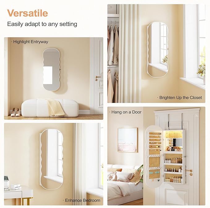 HNEBC LED Mirror Jewelry Cabinet,Wall or Door Mounted Jewelry Armoire Organizer with Lights,Lockable Wide Wavy Mirror with Storage,42.5" L Full Length Mirror with Jewelry Storage,Interior Mirror