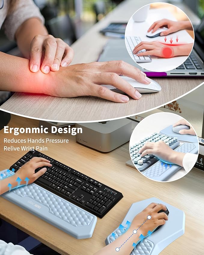 Ergonomic Mouse Pad and Keyboard Wrist Rest Support Set, Massage Design Mousepad for Carpal Tunnel Pain Relief, Memory Foam, Non-Slip PU Base for Computer Desk, Baby Blue