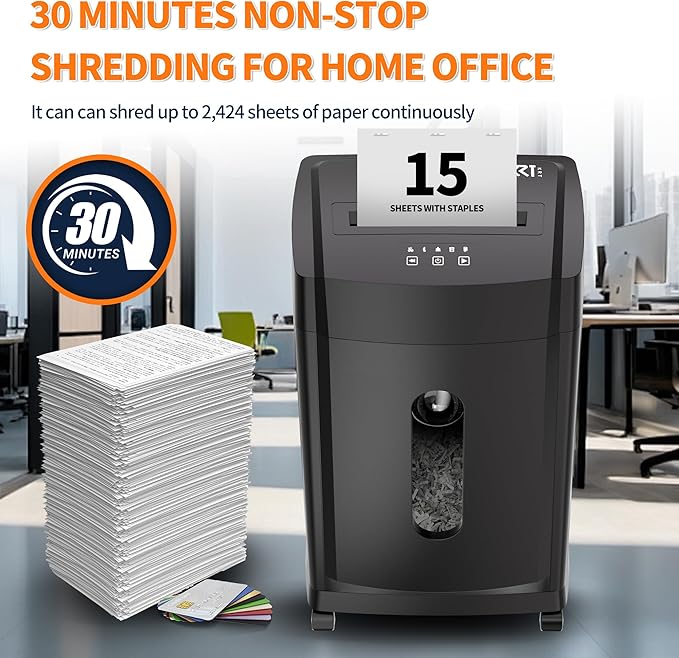 KRT Ultra-Quiet Paper Shredder 38dB,30 Min Run Time,15 Sheet Cross-Cut (4x38mm) for Office/Home,8 Gal Pullout Bin with Casters,Shreds CDs/Credit Cards,Anti-Jam Technology,Black