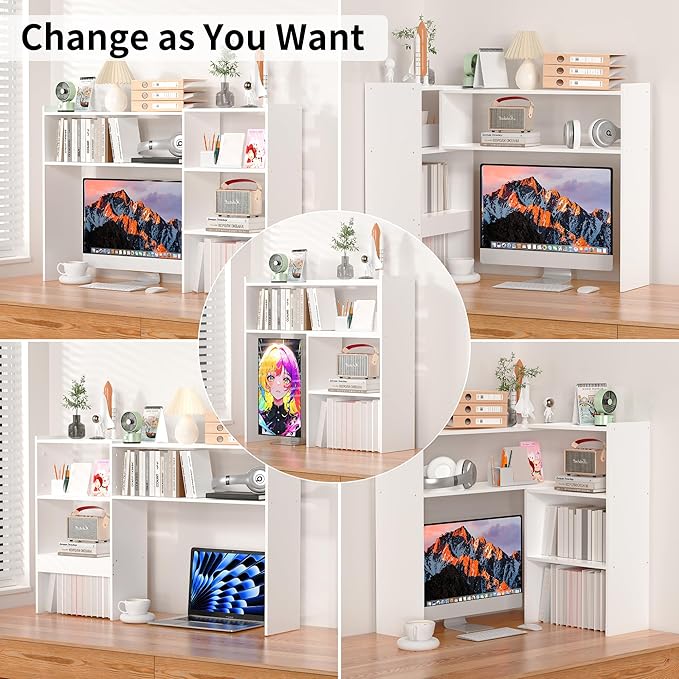 Aetheris Desktop Bookshelf, Office Desktop Organizer Shelf, Countertop Storage Hutch with 4 Shelves for Computer Desk, Adjustable Desk Hutch, Wooden Desktop Bookcase for Dorm Office Home, White