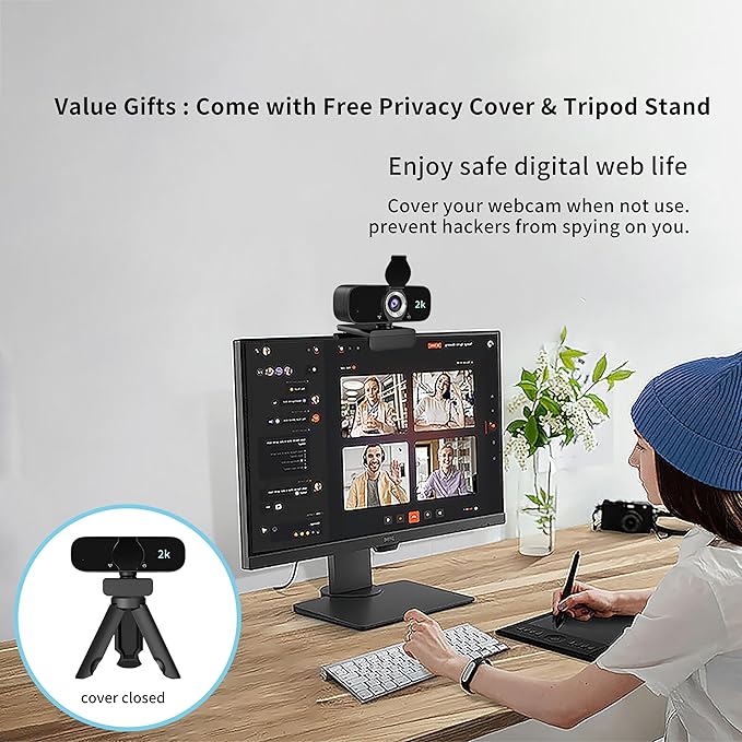 Lusinx 2K Webcam for Computer, USB Plug&Play, Auto Low Light Correction, Privacy Cover, Tripod, Wide Angle for Meeting/Online Video/Zoom, Web Cam with Microphone