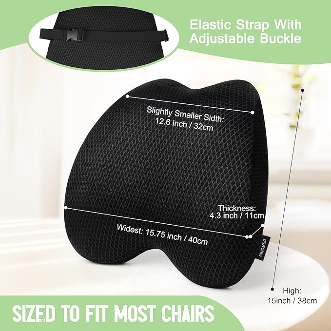 Lumbar Support Pillow Office Chair Car Back Pillow Ergonomic Lower Back Pain Relief Breathable Air Fiber Cushion with Hours Sitting on Worker Driver & Handicapped, Adjustable Strap (Black)