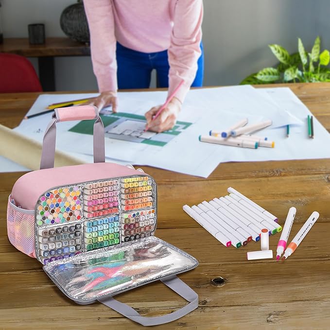 Case Organizer for up to 216 Markers, Large Bag With Carrying Handle, Holder (Length up to 5.1"), Aluminum Foil Liner Easy Cleaning, Patented Design (Pink)