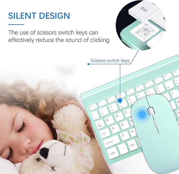 Wireless Keyboard and Mouse Ultra Slim Combo, TopMate 2.4G Silent Compact USB 2400DPI Mouse and Scissor Switch Keyboard Set with Cover, Batteries Included, for PC/Laptop/Windows/Mac - Mint Green