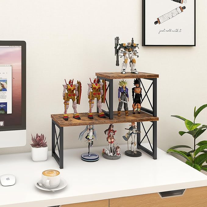 ELITEROO Wood Desktop Shelf, 2 Tier Adjustable Small Bookshelf Organizer, Freestanding Stackable Desk Stand, Storage Organizers, Kitchen Counter Display Rack, Rustic Brown