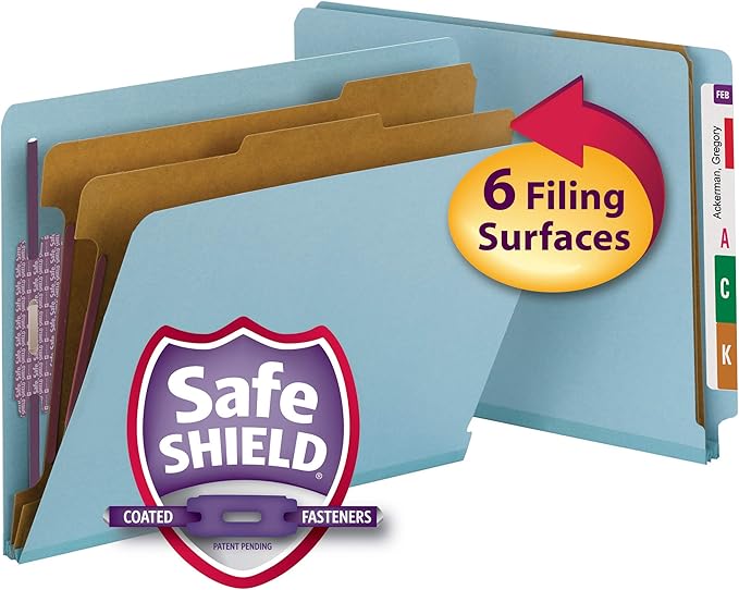 Smead 100% Recycled End Tab Pressboard Classification File Folder with SafeSHIELD Fasteners, 2 Dividers, 2" Expansion, Letter Size, Blue (26781)