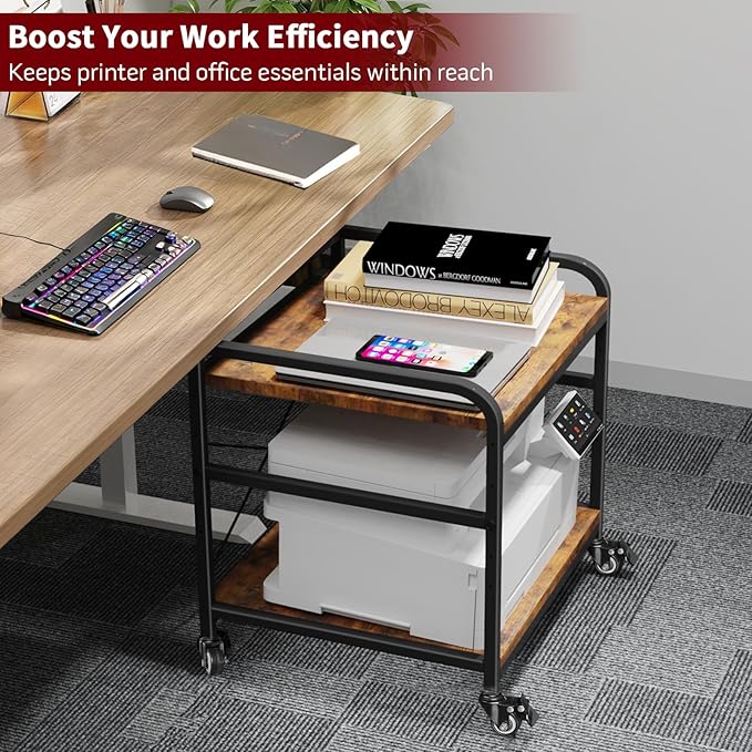 TFK 2 Tier Large Printer Stand with Storage, 20 x 20 Inches Under Desk Printer Table with Adjustable Shelf, Rolling Printers Cart with Wheels for Home Office, Fits Fax /3D Printer/Scanner, Brown