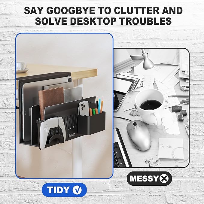 Litwaro Desk Side Storage Organizer, 2 Tier Laptop Holder Clamp on Desk Organizer, No Drill Laptop Mount with Magnetic Pen Holder, Hanging Desk Organizer Fits Flat Edge Table 0.4" to 2.1" (Black)