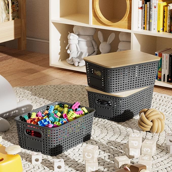 Plastic Storage Bins with Bamboo Lid - Pantry Storage Baskets with Lid - Stackable Container with Lable for Organizing: Small Storage Box for Shelves Office Cabinet Drawer Closet 9x7x4 In - Grey 6Pcs