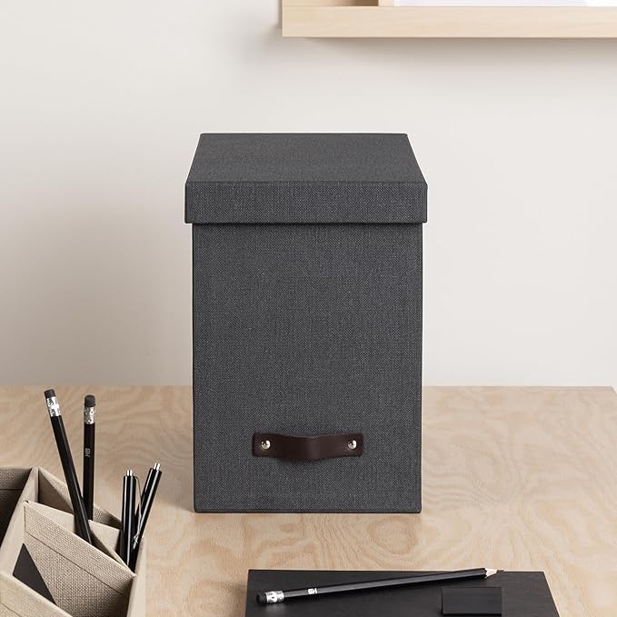 Bigso John Desktop File Box - Storage Solution and Document Organizer for Important Paperwork - Durable Hanging File Box with Lid and Leather Handle - 7.36 in x 13.26 in x 10.51 in - Black