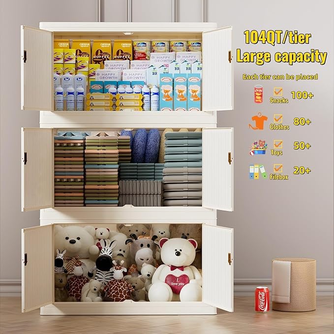 416QT/104GAL Stackable Storage Bins with 1 lid Foldable Storage Drawers with Wheels for Clothes Collapsible Storage Bins Container with door for Home,Office, Dorm Room(104Qt X 4)