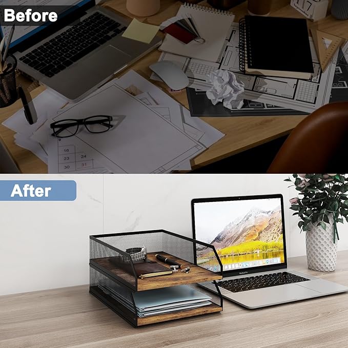 Natwind 2-Tier Stackable Paper Tray, Metal Mesh Desktop Organizer, Wood Board Paper Sorter, Letter Trays,File Document Storage Rack for for Home, Office, School (Retro)