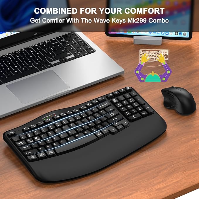 Wireless Keyboard and Mouse Combo, 2.4G Wave Keys Ergonomic Keyboard with Wrist Rest and 3 Level DPI Advanced Wireless Ergonomic Mouse, Natural Typing for Windows, Mac OS Desktop