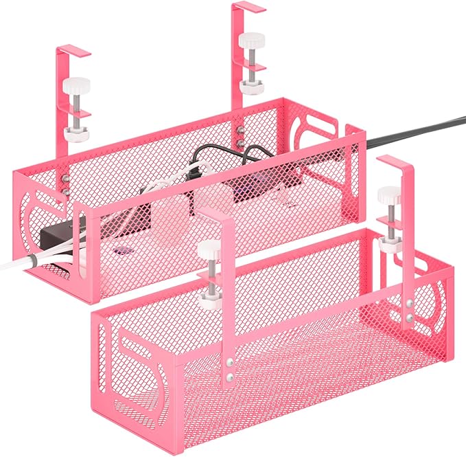 Under Desk Cable Management Tray, 15.7'' No Drill Steel Desk Cable Organizers, Wire Management Tray Cable Management Rack (2 Pack-Pink)