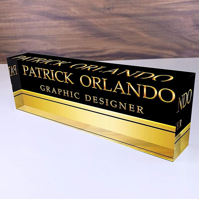 Artblox Office Name Plate Personalized | Custom Name Plates for Desks on Acrylic Glass Decor | Office Desk Decor Nameplate | Accessories | Black Gold Stripe - (8"x2.5")
