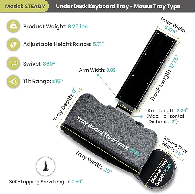 Under Desk Keyboard Tray, 20" x 11" Tray, 17.75" Track, One Knob Control, Undermount Sliding Computer Keyboard and Mouse Tray with Wrist Rest, Swivels 360° with Adjustable Height and ±15° Tilt