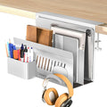 Litwaro Desk Side Storage Organizer, 2 Tier Under Desk Laptop Holder No Drill, Laptop Mount with Magnetic Pen Holder, Hanging Desk Organizer Fits Flat Edge Desks 0.4" to 2.1" (White)