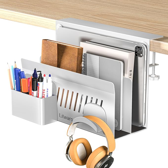 Litwaro Desk Side Storage Organizer, 2 Tier Under Desk Laptop Holder No Drill, Laptop Mount with Magnetic Pen Holder, Hanging Desk Organizer Fits Flat Edge Desks 0.4" to 2.1" (White)