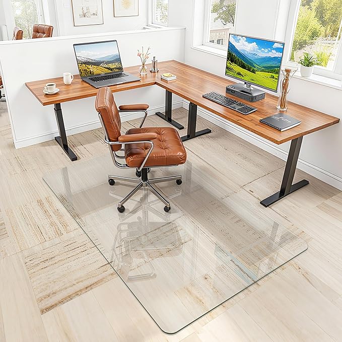 Furnbar Office Chair Mat for Carpet & Hardwood, Upgraded 48" x 72" Tempered Glass Chair Mat for Office Home, with 4 Anti-Slip Pads