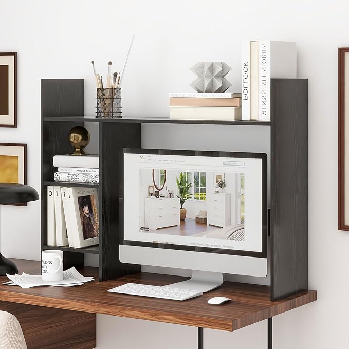 Desktop Bookshelf, Wood Desk Organizer Hutch with 3 Shelves for Computer Desk, 37.4'' Multipurpose Display Rack with Storage for College Dorm Office Home, Black