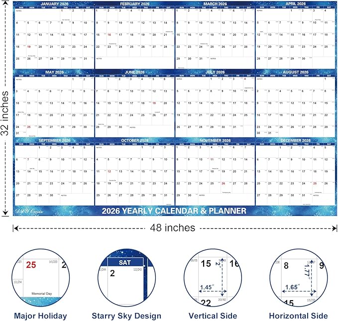 32" x 48" 2026 Wall Calendar Dry Erase - Large Starry Sky Calendar Wet & Dry Erasable Laminated 12 Month Annual Yearly Planner, Reversible, Horizontal/Vertical, Blue
