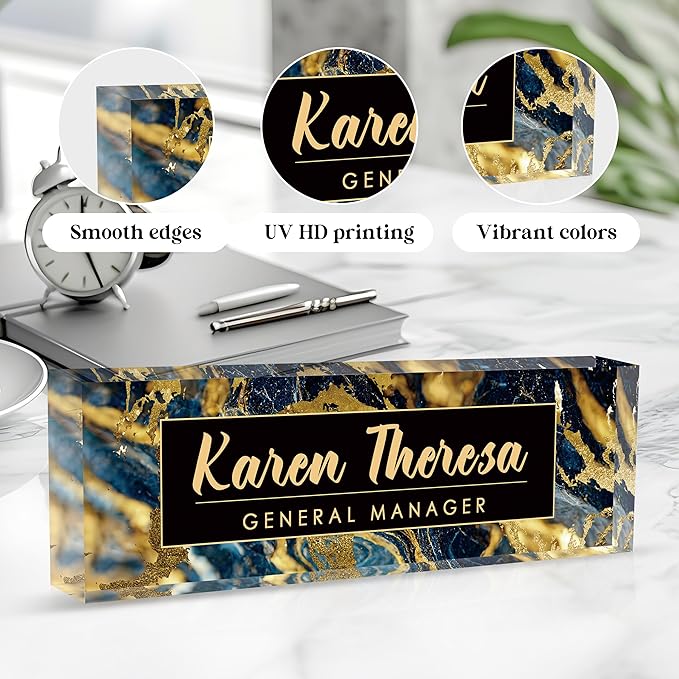 Custom Office Name Plate, Personalized Gifts for Men, Appreciation Gifts for Employees - Office Desk Accessory (Black Gold Marble)