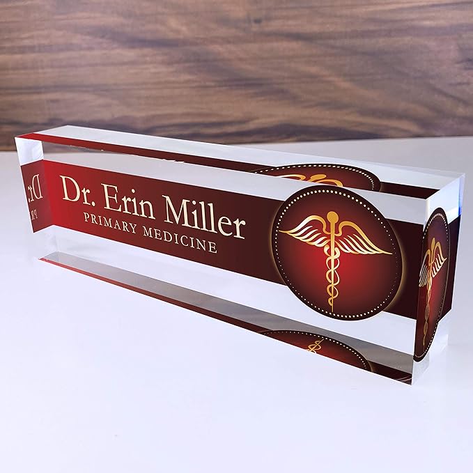 Artblox Office Desk Name Plate Personalized | Custom Name Plates For Desks | Medic Design On Clear Acrylic Glass | Cute Office Desk Accessories Customized Gifts - (8" x 2.5")