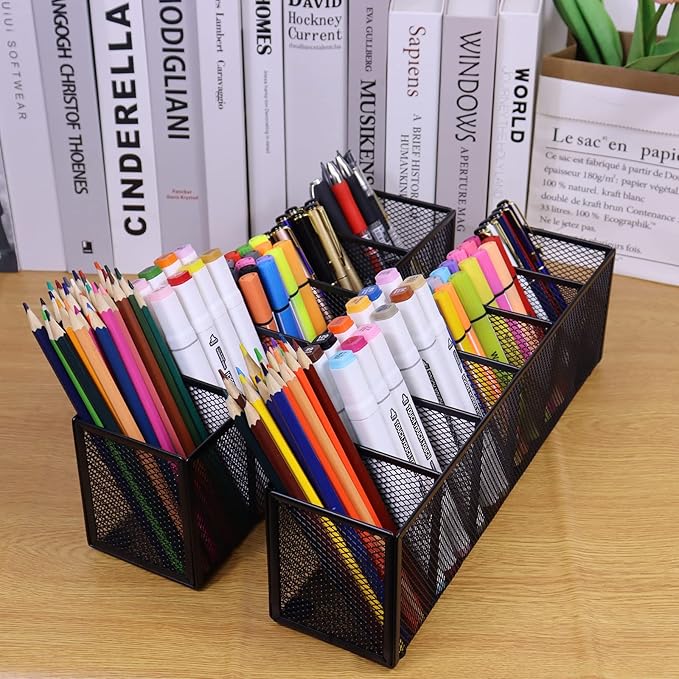 2PCS Black Mesh Pen Pencil Holder, Small Metal Desk Organizer Desktop Stationery Office Supplies Acessories Storage Stand, 5 Compartments Brushes Holder for Home School Classroom Teachers
