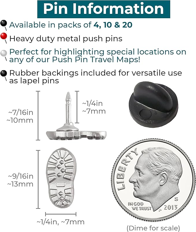 Hiking Boot Print Push Pins - Silver Boot Print Pins - for Cork Board, Maps, or Lapel Pin Use - Designed in USA - Set of 10