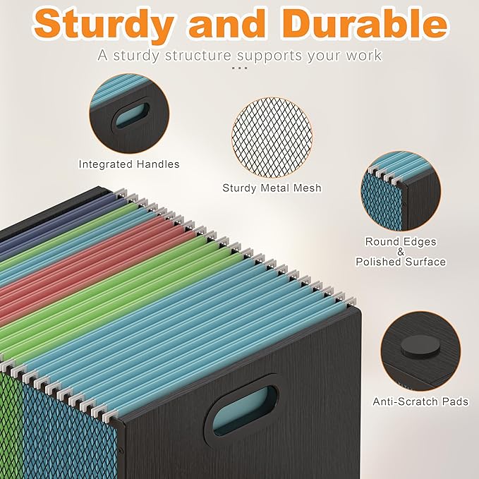 Piskyet Wooden Hanging File Organizer for desk, Metal Mesh File Folder Organizer Crate Cabinet Storage Box with Handle for Home Office Desk,Letter - Size,Black